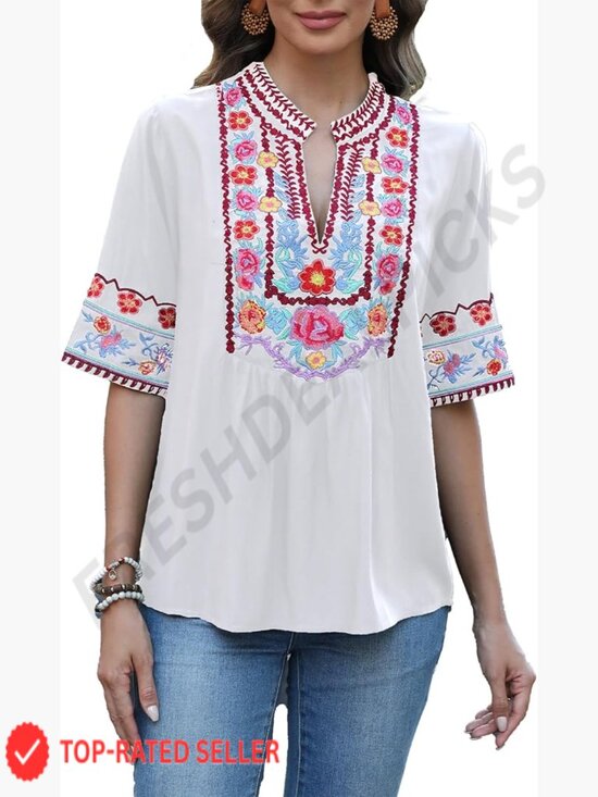 Tops - Embroidered V-Neck Blouse Short Sleeve Floral Boho Peasant Top Relaxed Fit